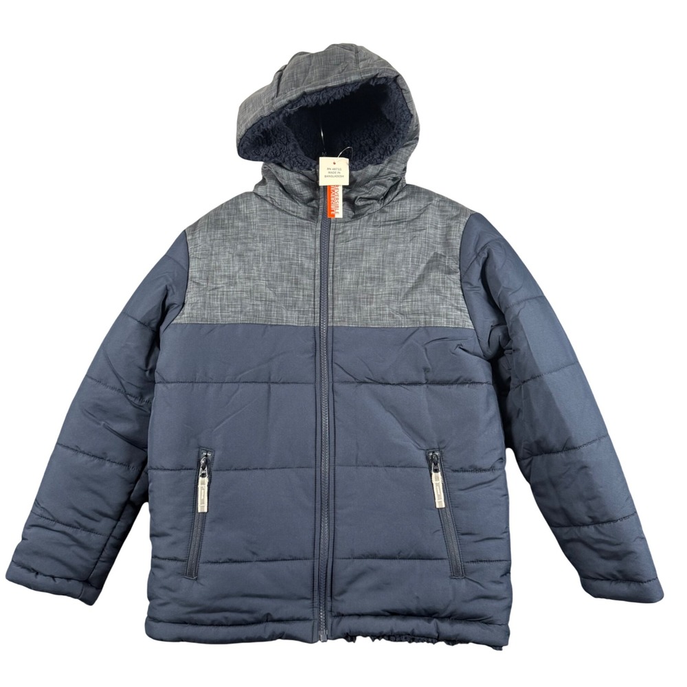 Falls Creek Kids Size M 8 Reversible Puffer Jacket Navy Blue Sherpa Hooded Coat